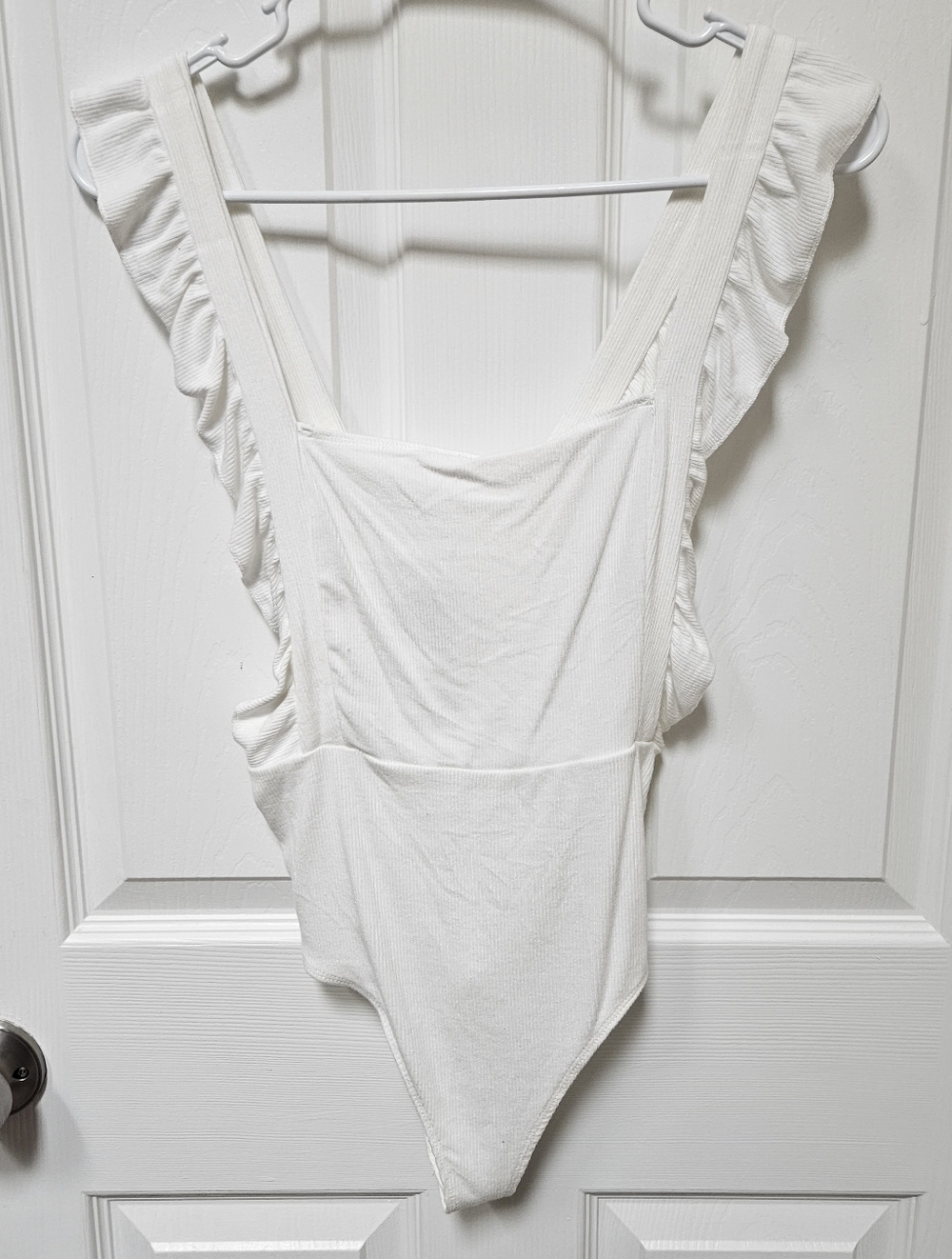 Forever 21 White Ruffle Strap Ribbed Bodysuit